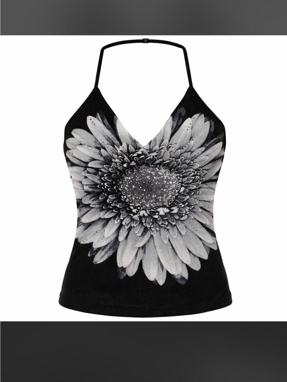 Black Floral Halter Tank Top with Monochrome Daisy Print
